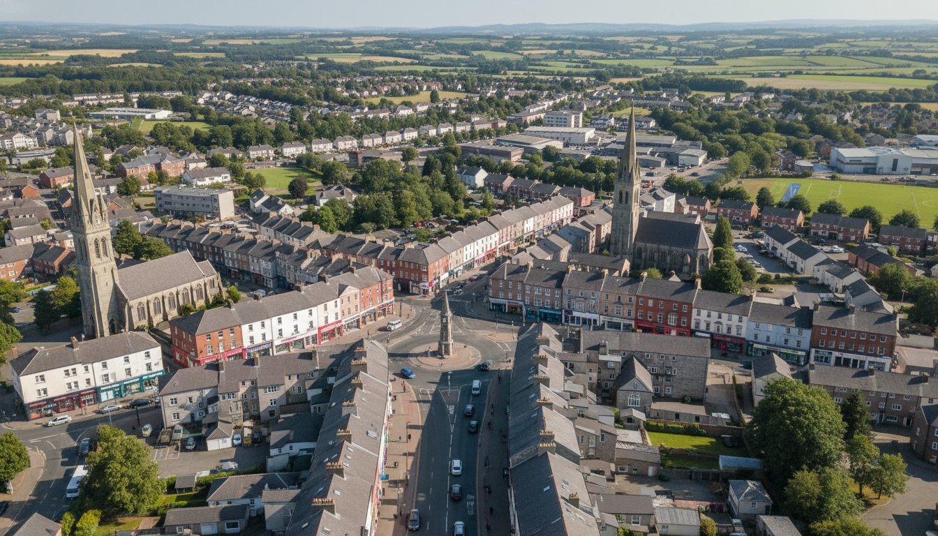 Magherafelt, UK - aerial view showing the town center and local architecture