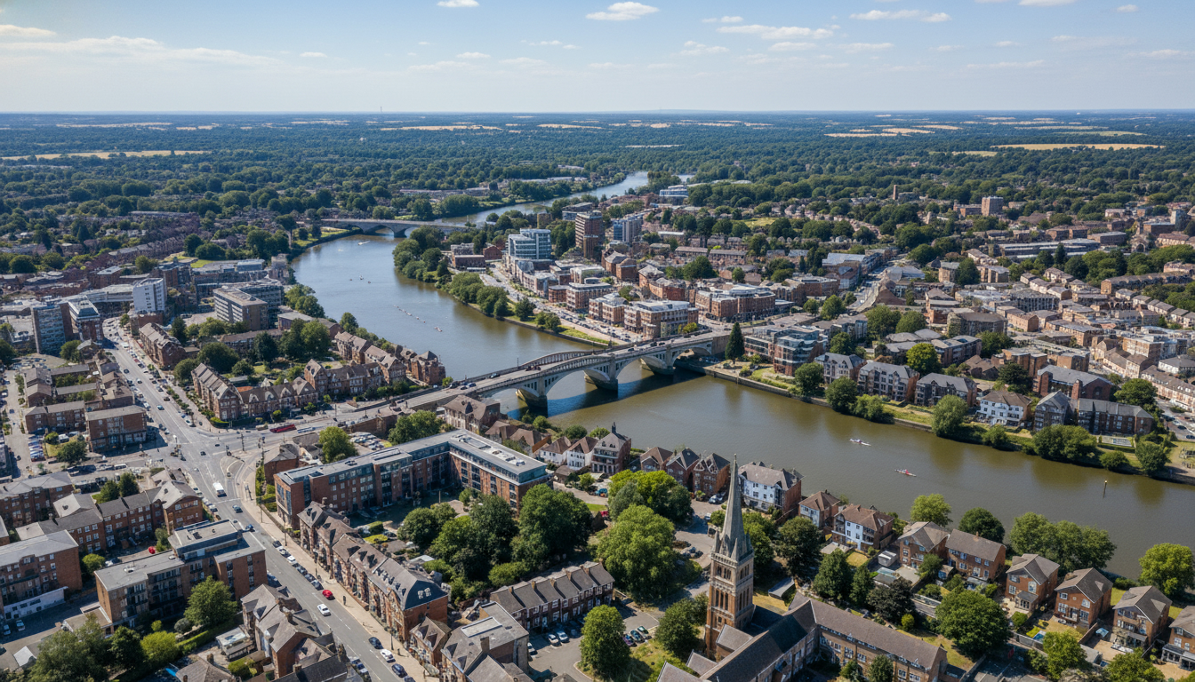 Maidenhead, UK - aerial view showing the town center and local architecture