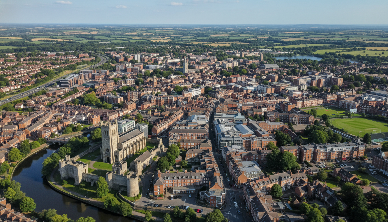 Maidstone, UK - aerial view showing the town center and local architecture
