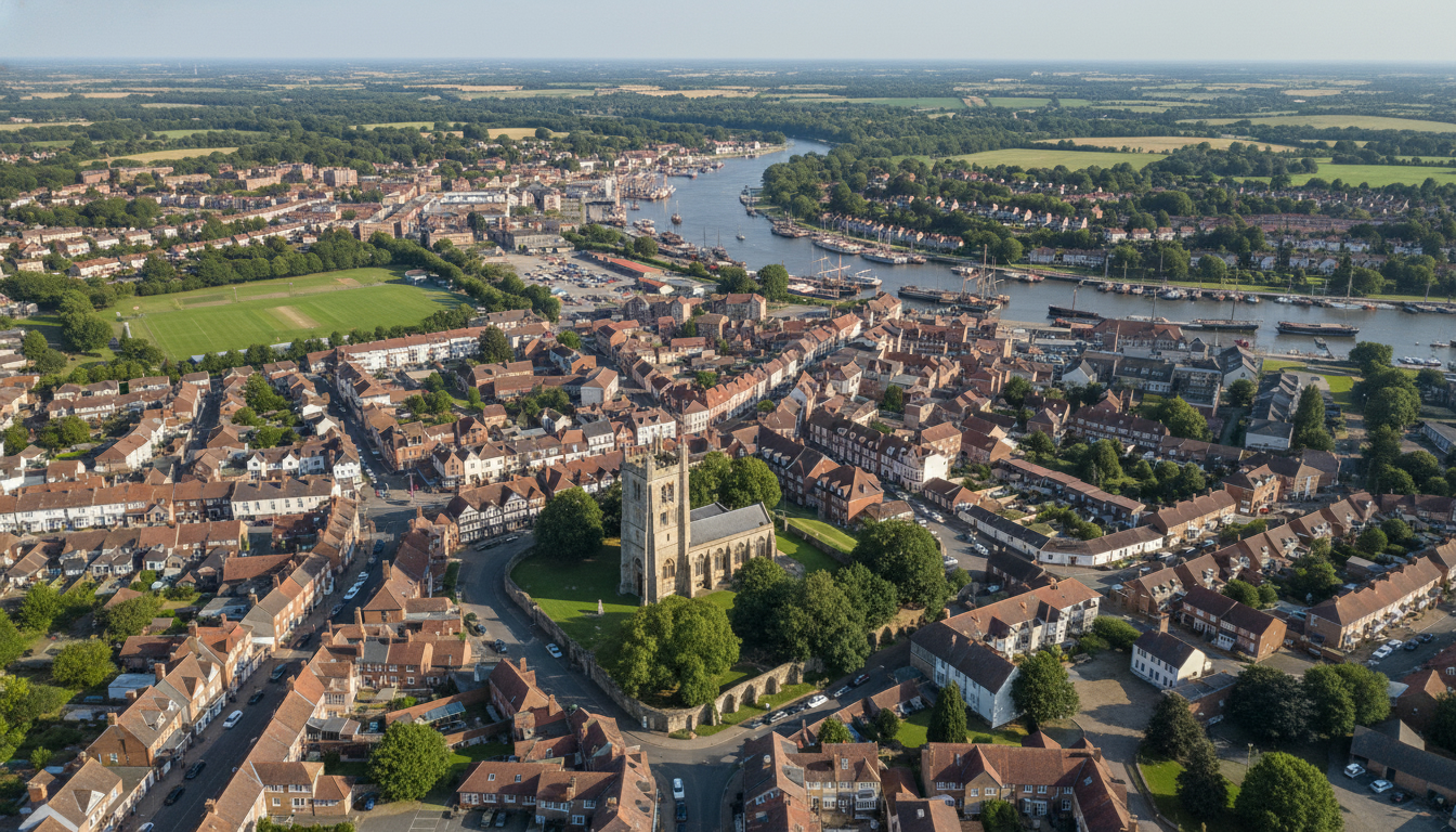 Maldon, UK - aerial view showing the town center and local architecture