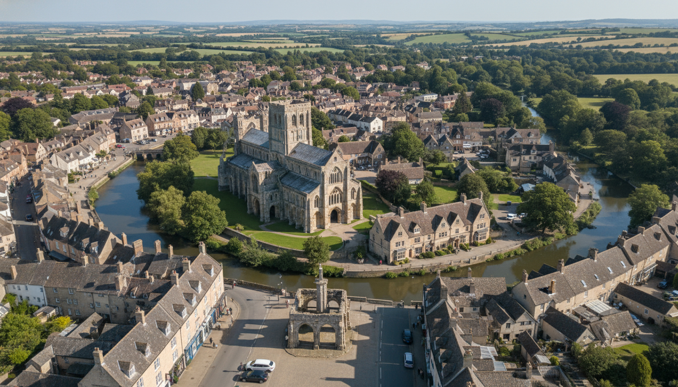 Malmesbury, UK - aerial view showing the town center and local architecture