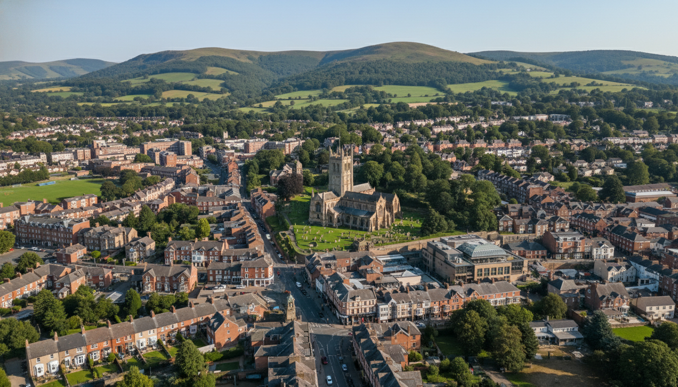 Malvern, UK - aerial view showing the town center and local architecture