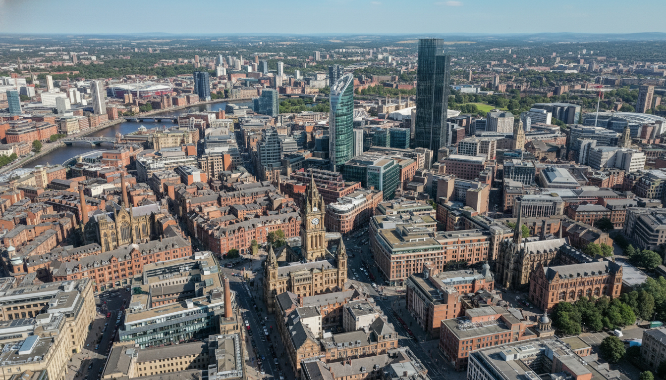 Manchester, UK - aerial view showing the town center and local architecture