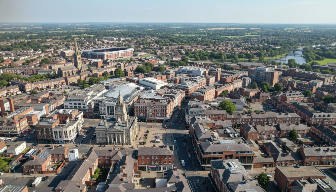 Mansfield, UK - aerial view showing the town center and local architecture
