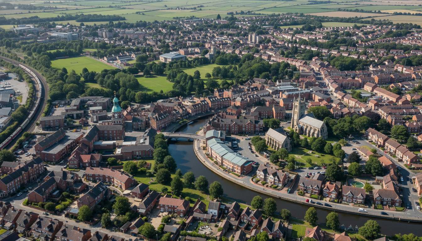 March, UK - aerial view showing the town center and local architecture