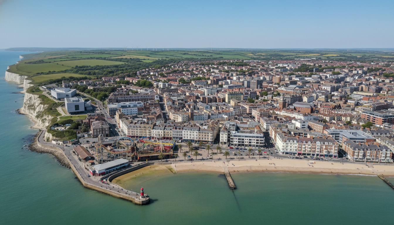 Margate, UK - aerial view showing the town center and local architecture