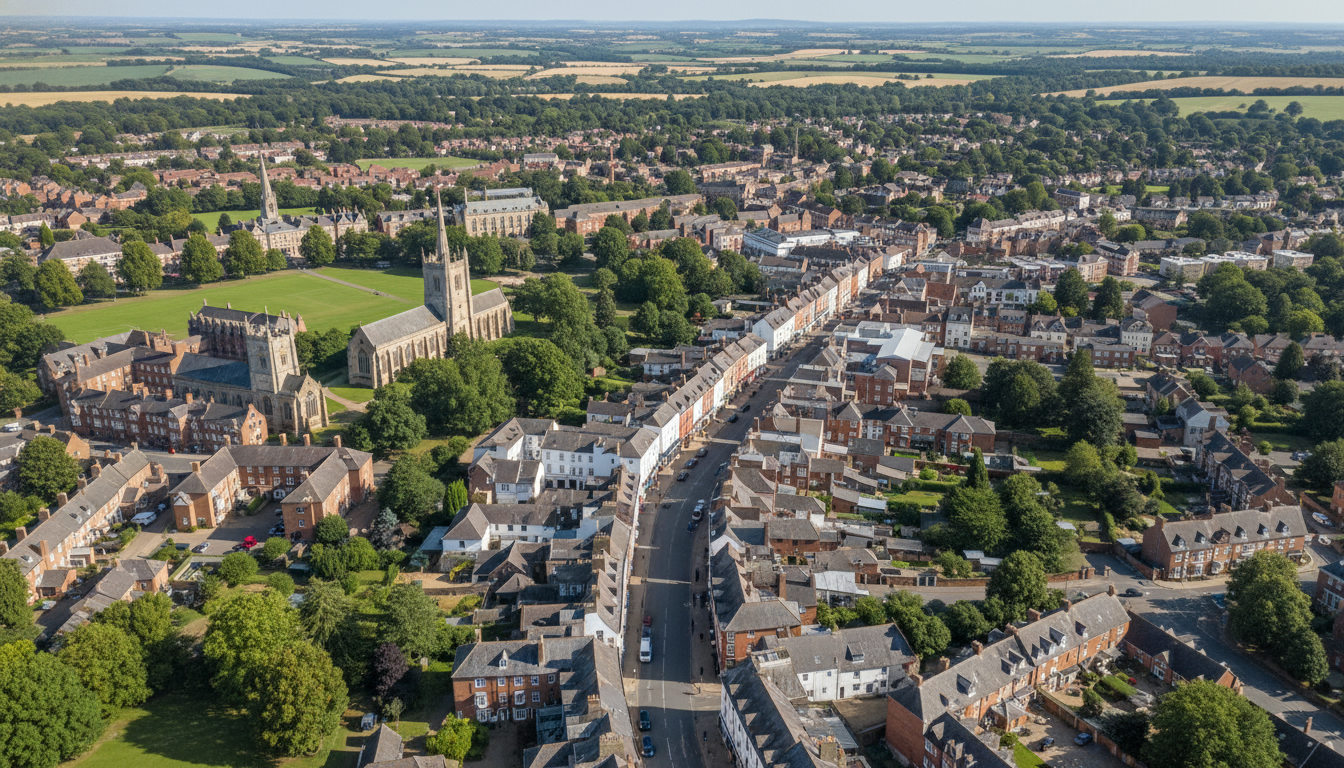 Marlborough, UK - aerial view showing the town center and local architecture