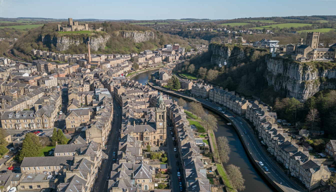 Matlock, UK - aerial view showing the town center and local architecture