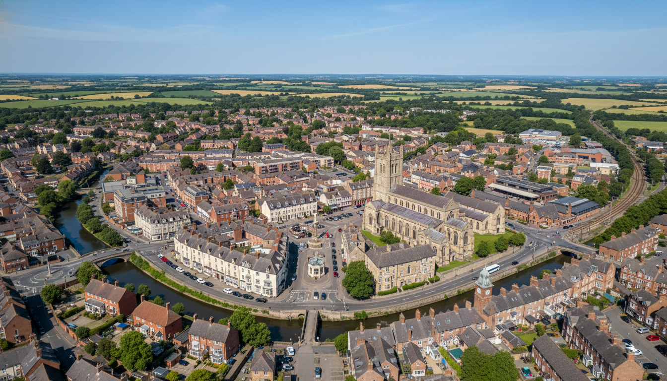 Melton Mowbray, UK - aerial view showing the town center and local architecture