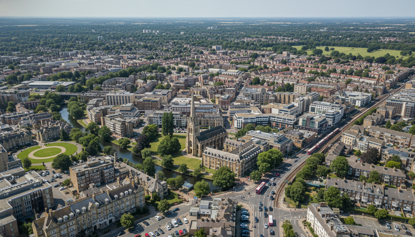 Merton, UK - aerial view showing the town center and local architecture