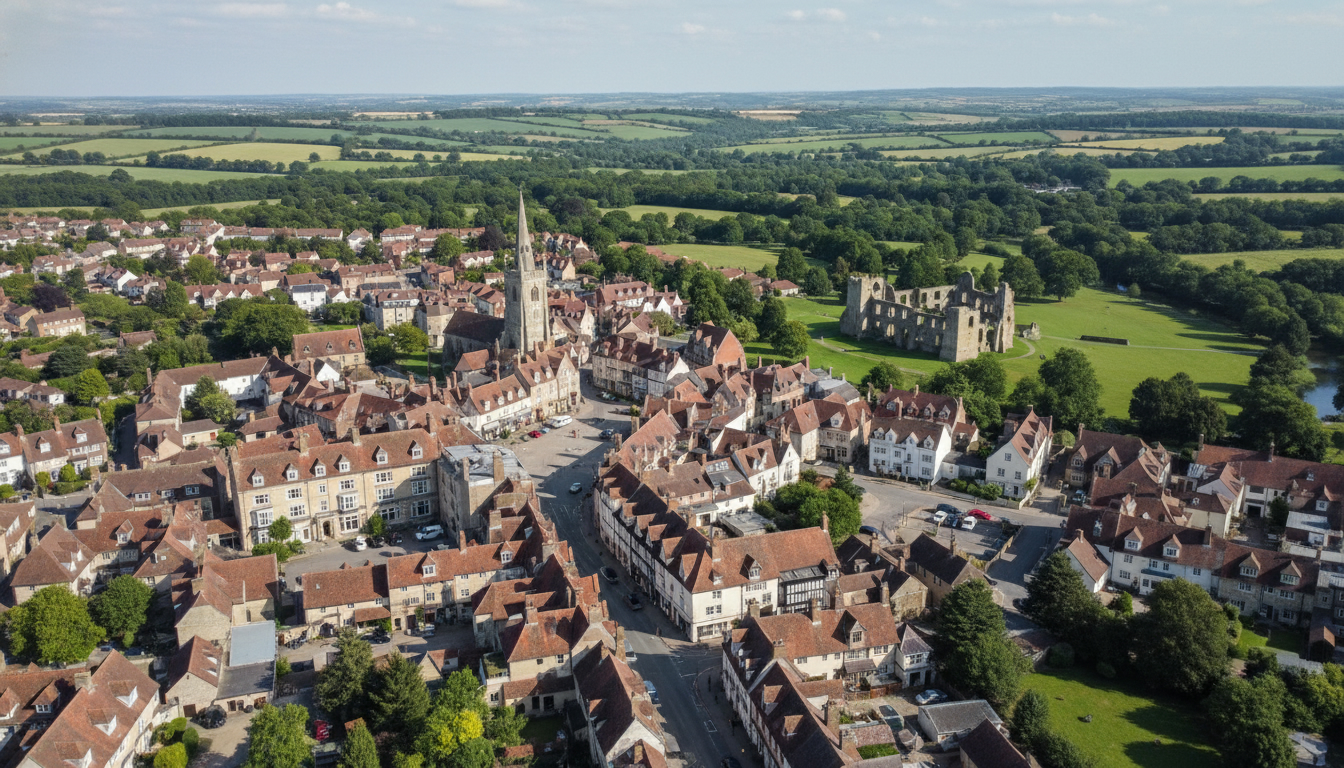Midhurst, UK - aerial view showing the town center and local architecture