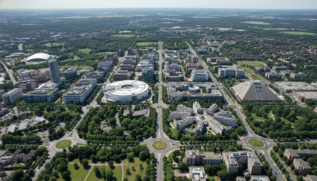 Milton Keynes, UK - aerial view showing the town center and local architecture