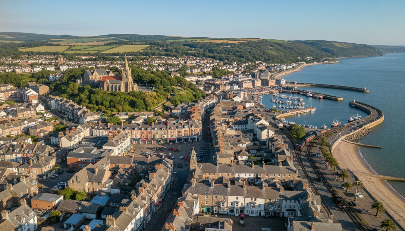 Minehead, UK - aerial view showing the town center and local architecture