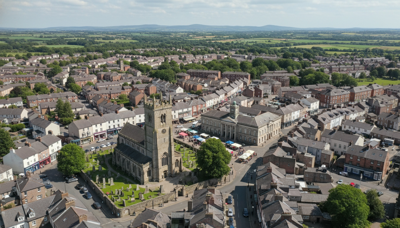 Mold, UK - aerial view showing the town center and local architecture