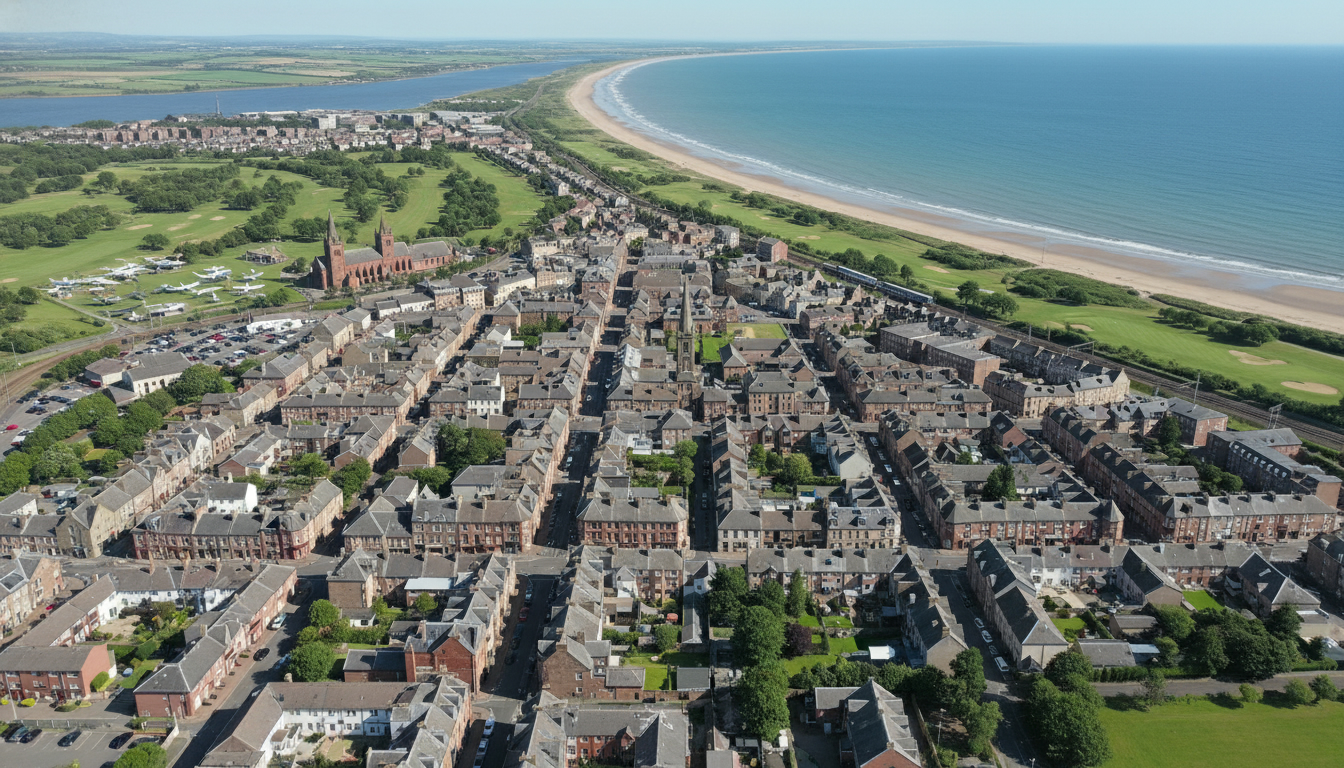 Montrose, UK - aerial view showing the town center and local architecture