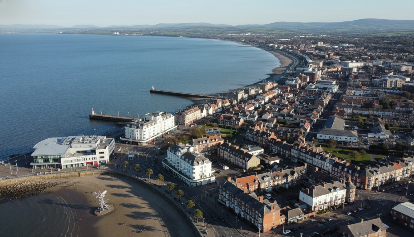 Morecambe, UK - aerial view showing the town center and local architecture