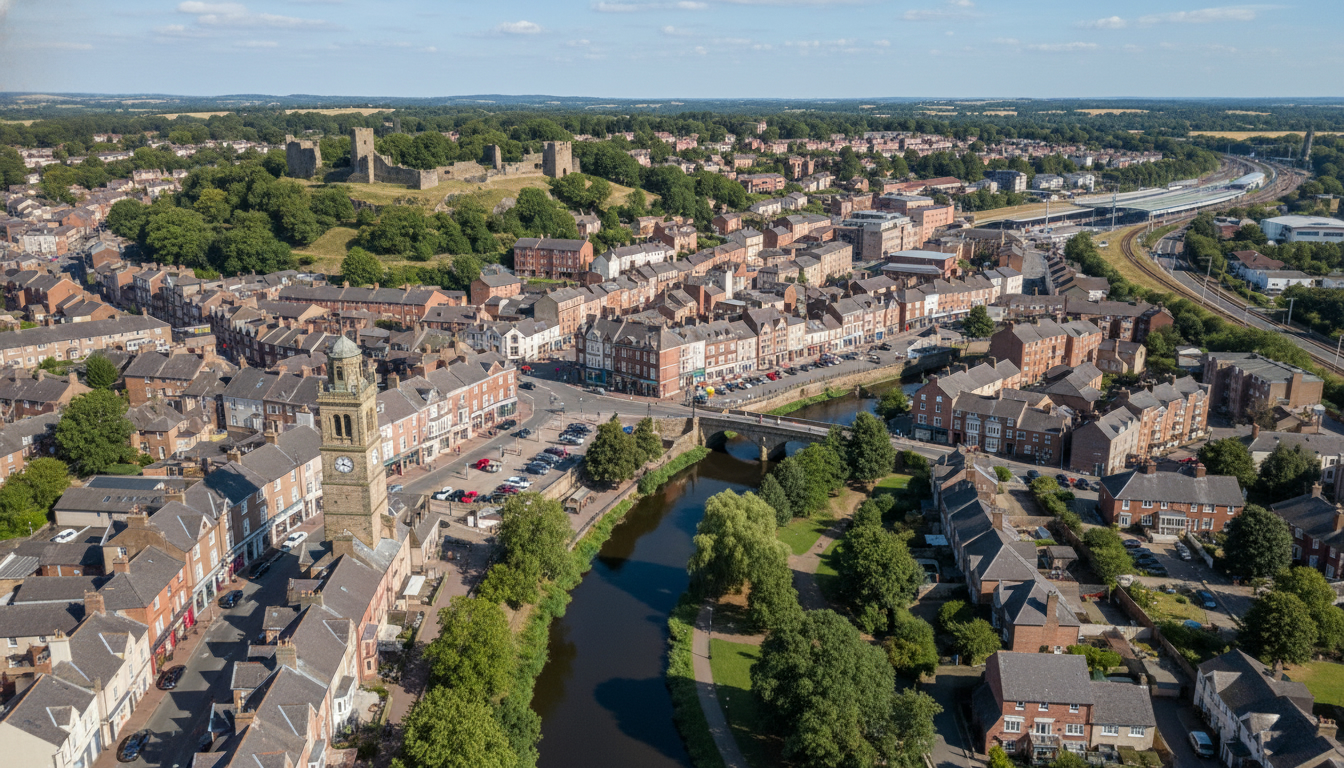 Morpeth, UK - aerial view showing the town center and local architecture