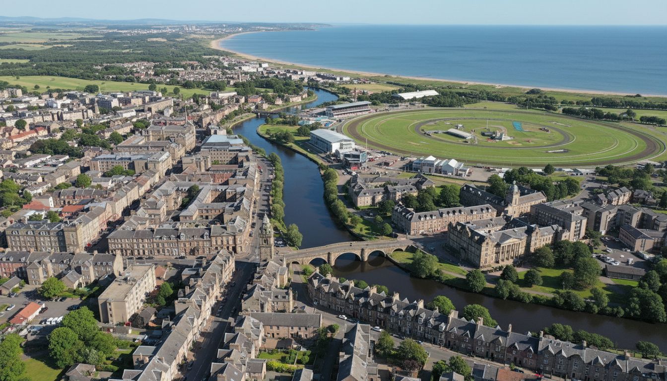 Musselburgh, UK - aerial view showing the town center and local architecture