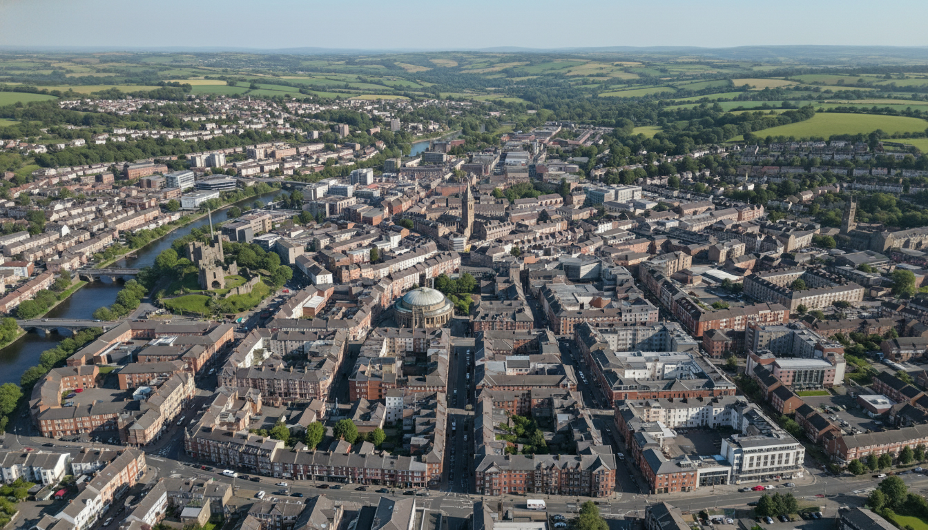 Neath, UK - aerial view showing the town center and local architecture