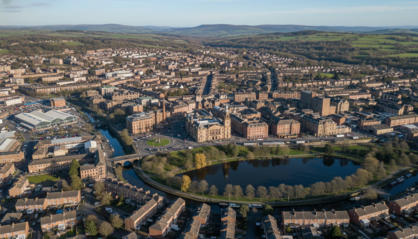 Nelson, UK - aerial view showing the town center and local architecture