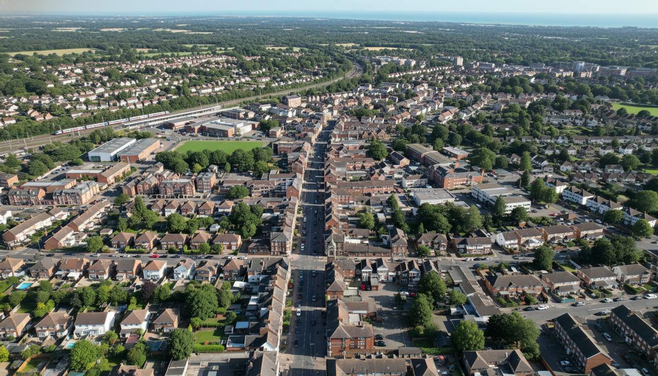 New Milton, UK - aerial view showing the town center and local architecture