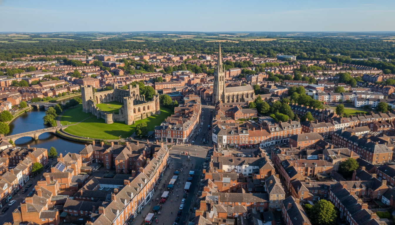 Newark-on-Trent, UK - aerial view showing the town center and local architecture