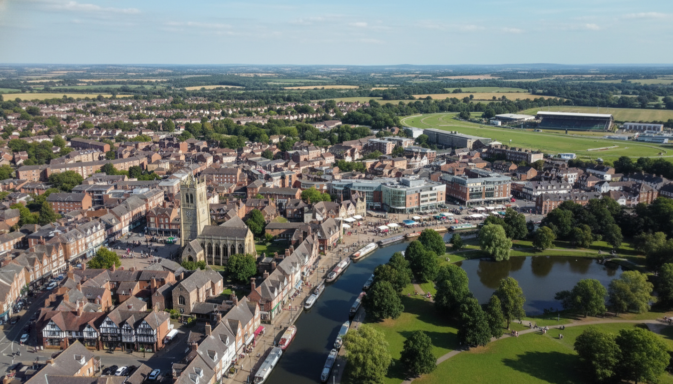 Newbury, UK - aerial view showing the town center and local architecture