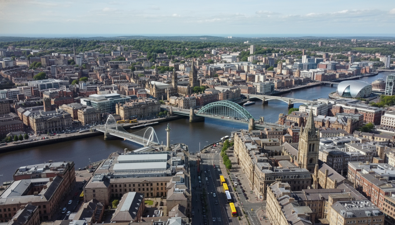 Newcastle upon Tyne, UK - aerial view showing the town center and local architecture