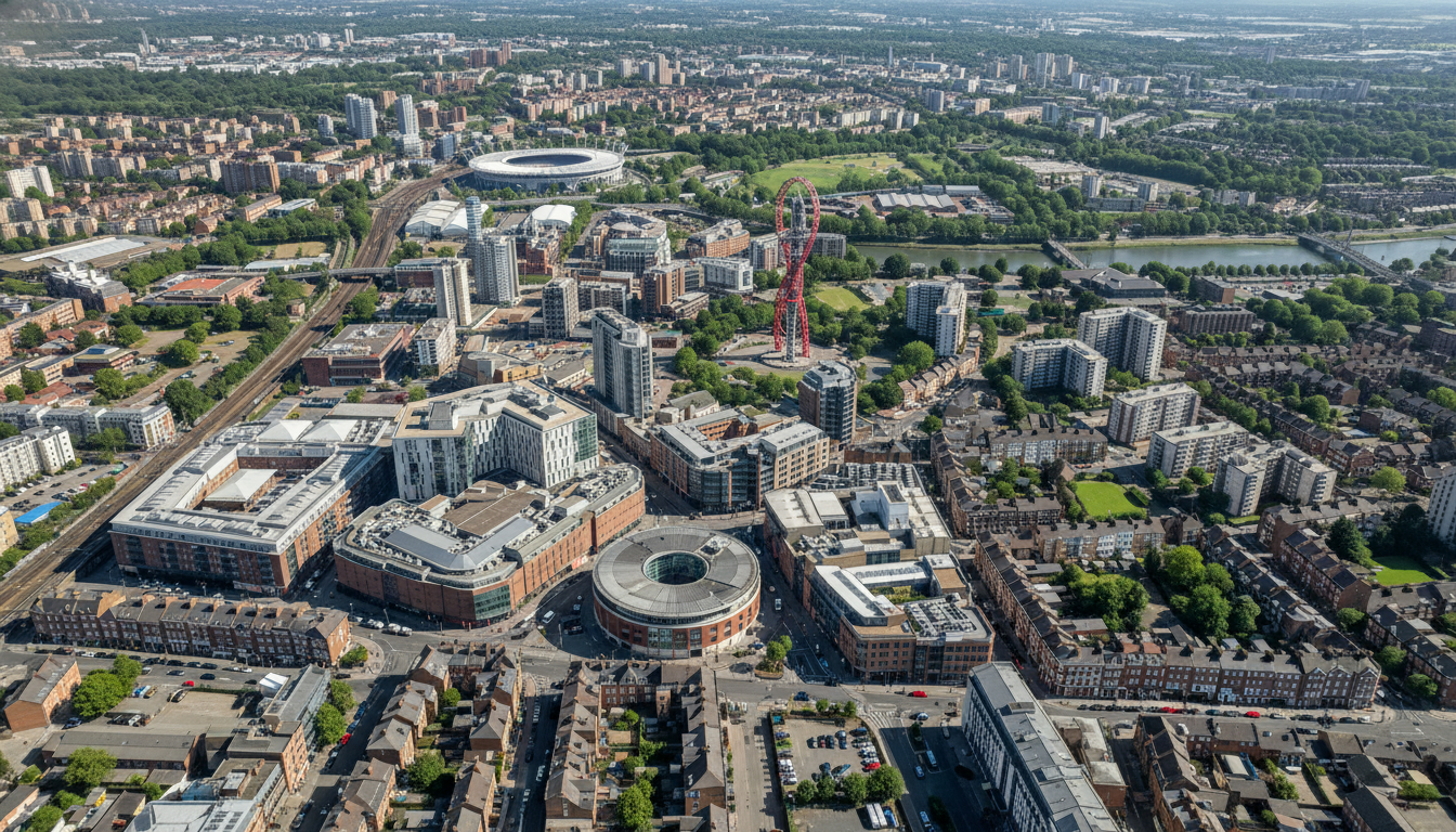 Newham, UK - aerial view showing the town center and local architecture