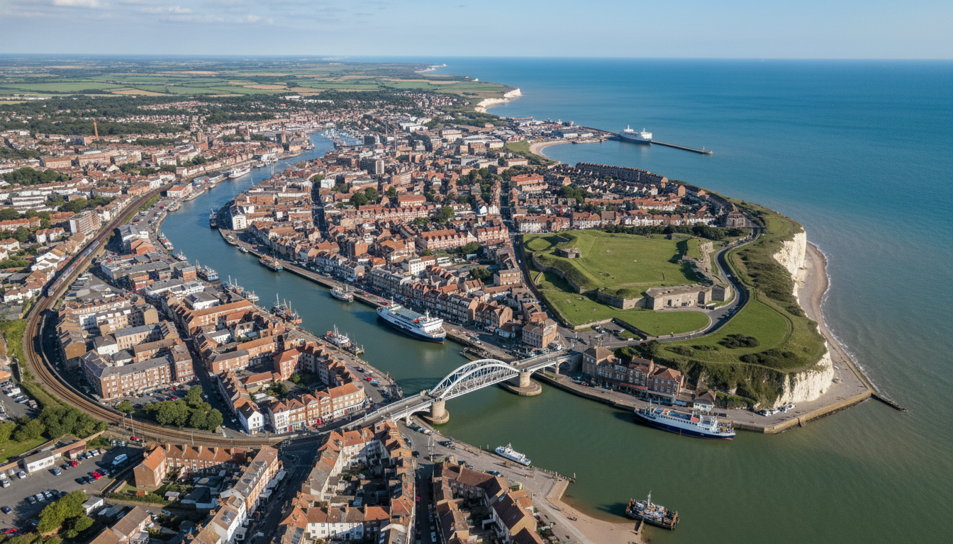 Newhaven, UK - aerial view showing the town center and local architecture