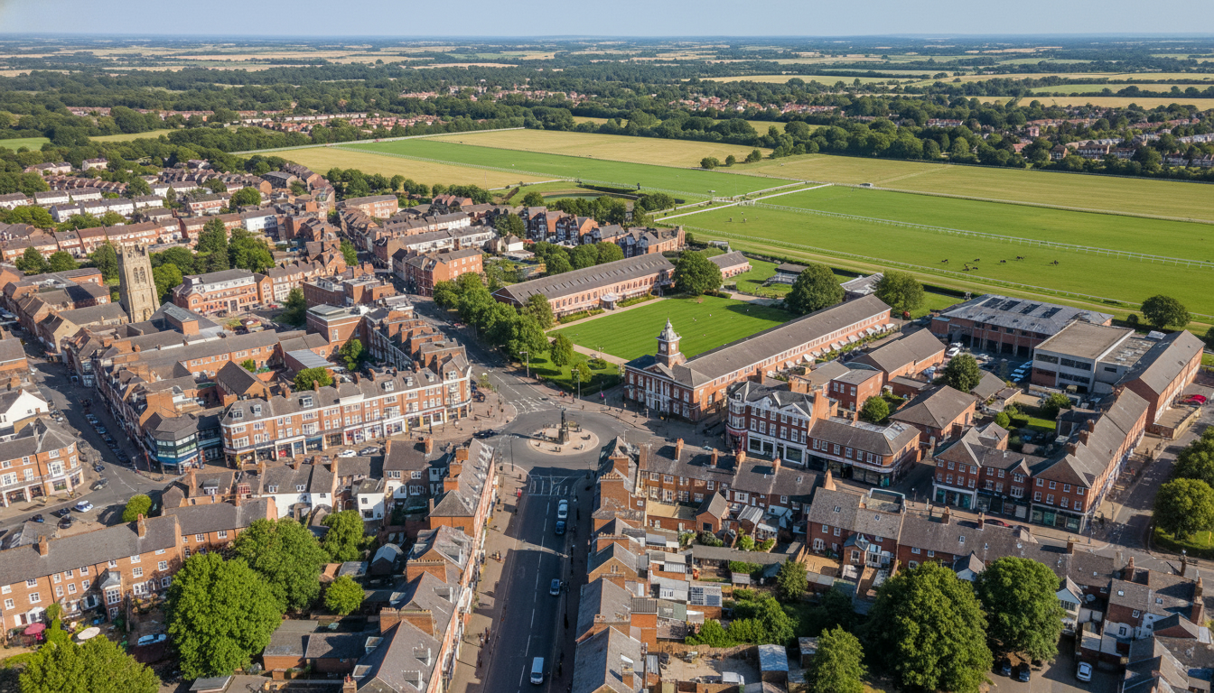 Newmarket, UK - aerial view showing the town center and local architecture