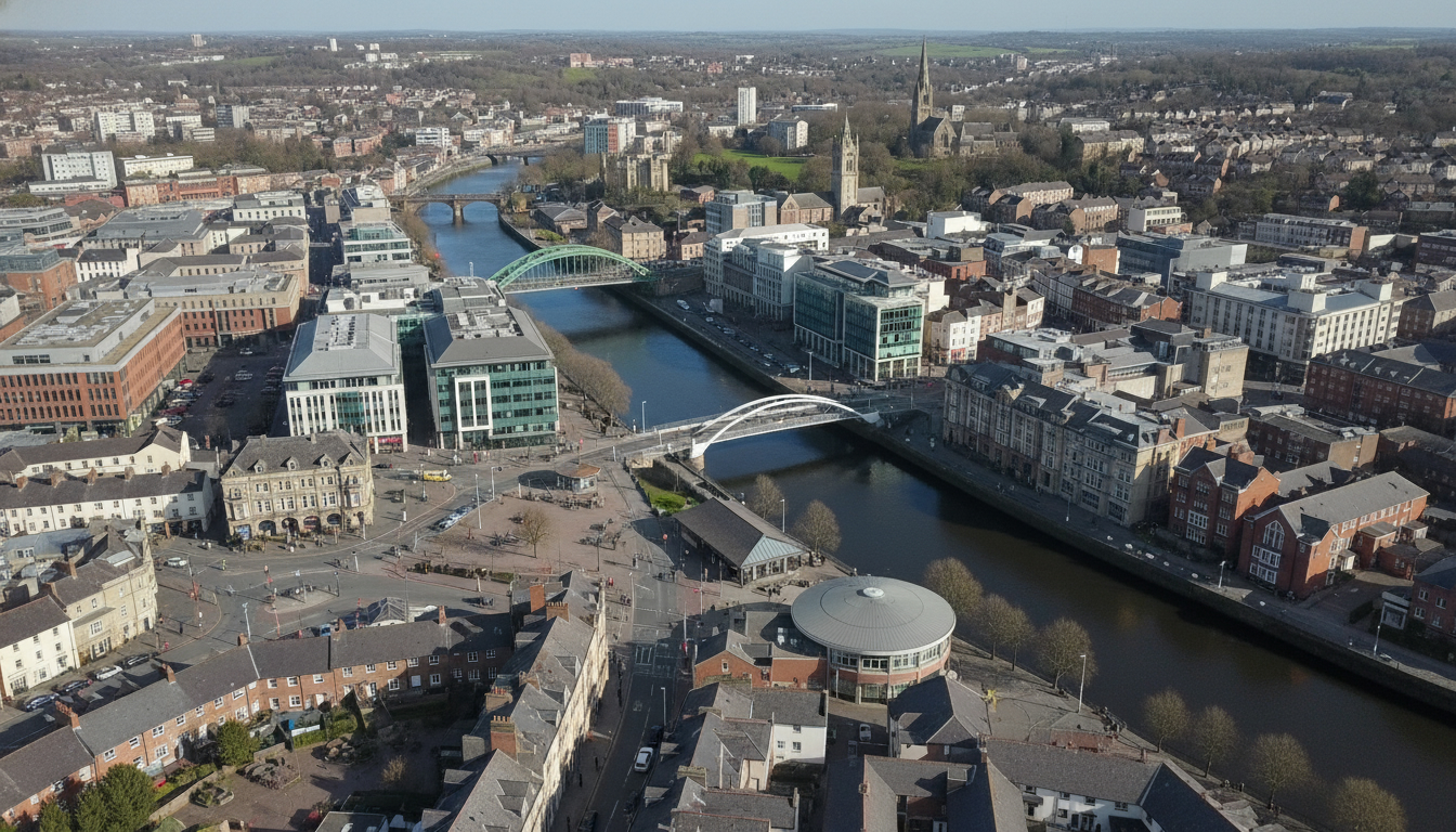 Newport, UK - aerial view showing the town center and local architecture