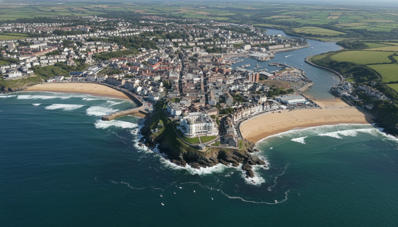 Newquay, UK - aerial view showing the town center and local architecture