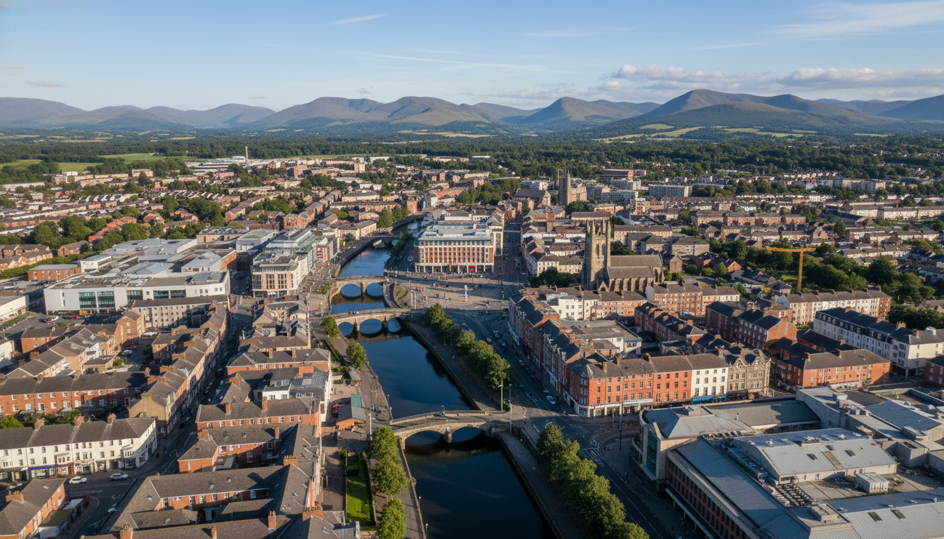 Newry, UK - aerial view showing the town center and local architecture
