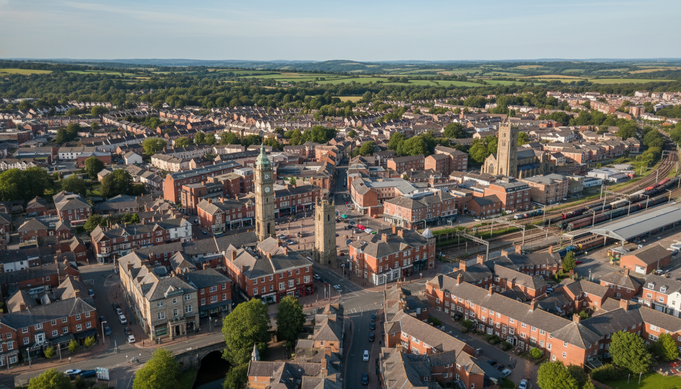 Newton Abbot, UK - aerial view showing the town center and local architecture