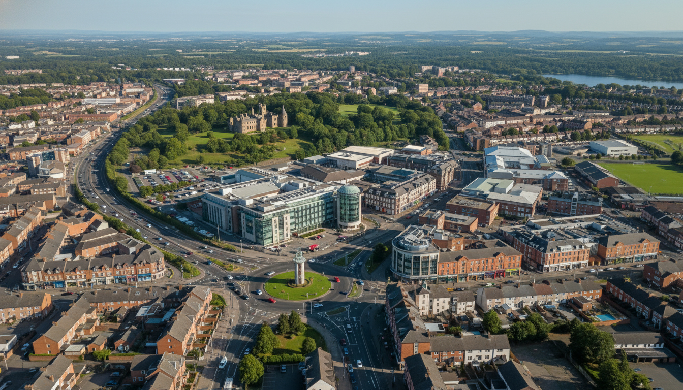 Newtownabbey, UK - aerial view showing the town center and local architecture