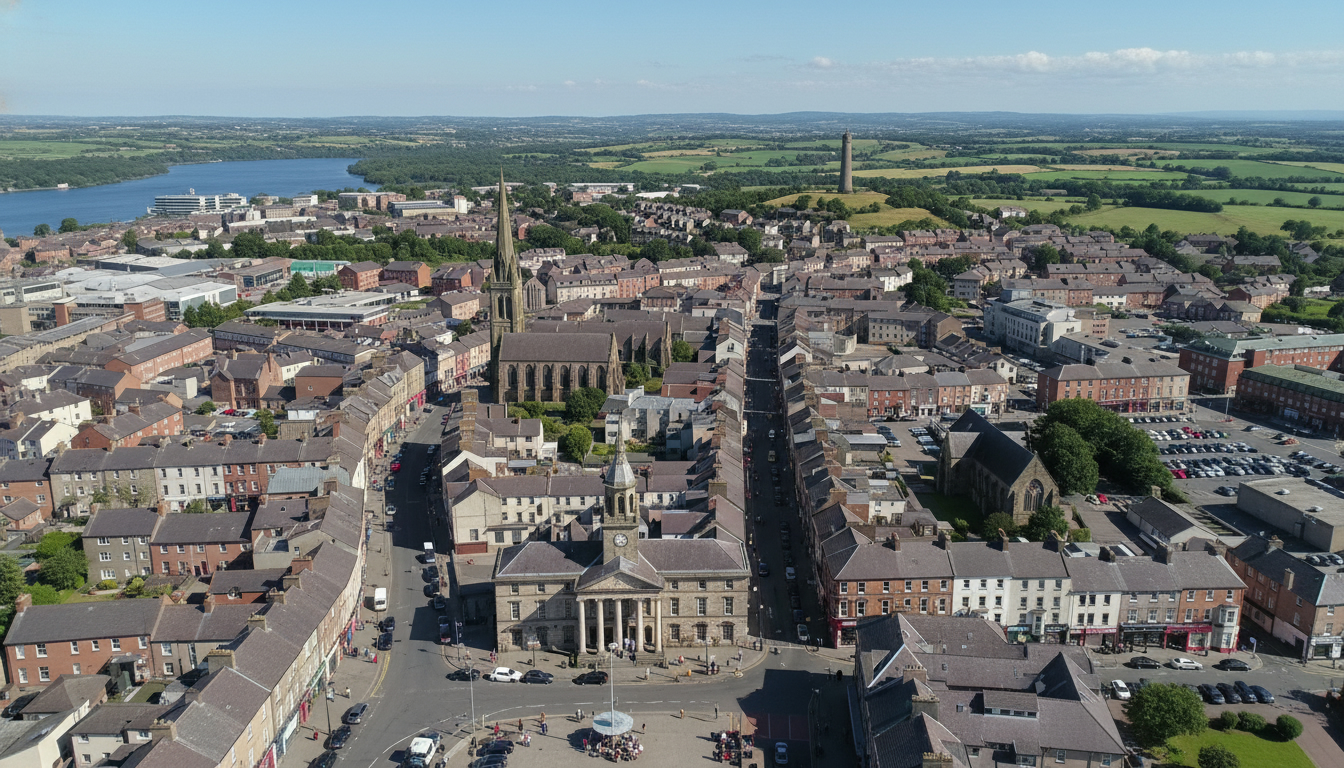 Newtownards, UK - aerial view showing the town center and local architecture