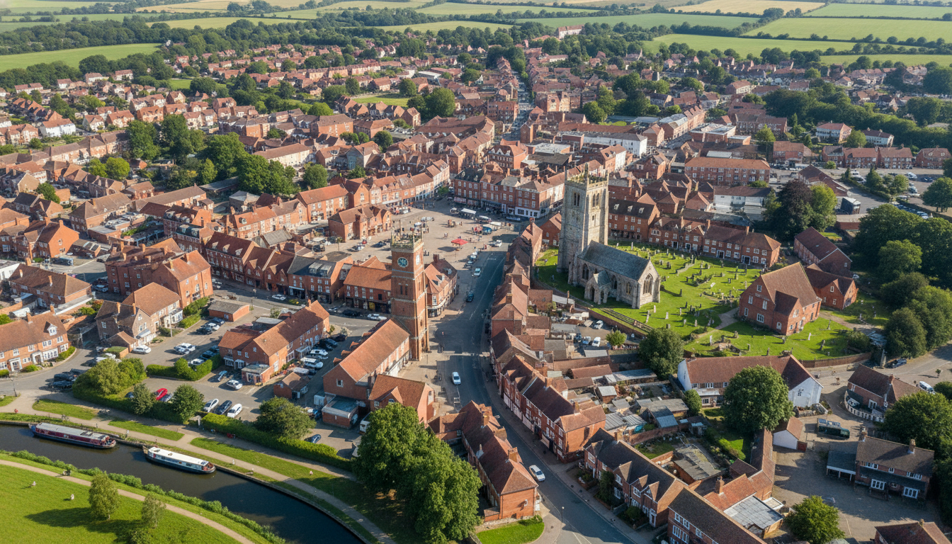 North Walsham, UK - aerial view showing the town center and local architecture