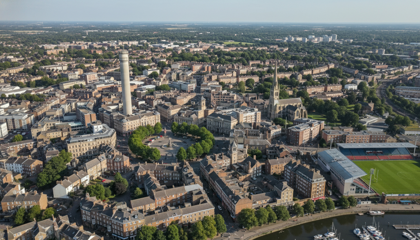 Northampton, UK - aerial view showing the town center and local architecture