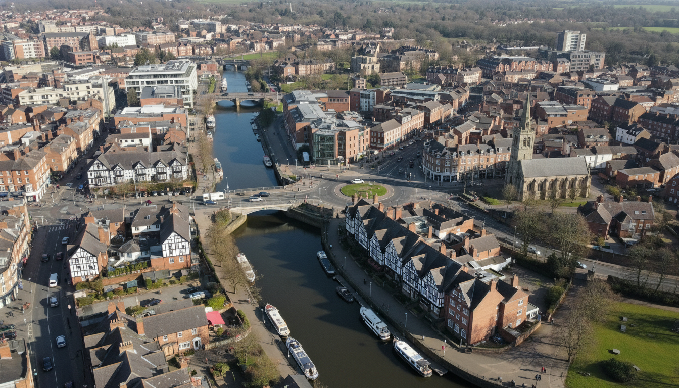 Northwich, UK - aerial view showing the town center and local architecture