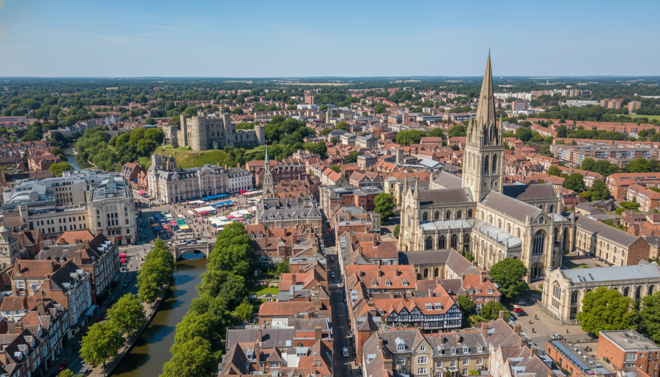 Norwich, UK - aerial view showing the town center and local architecture