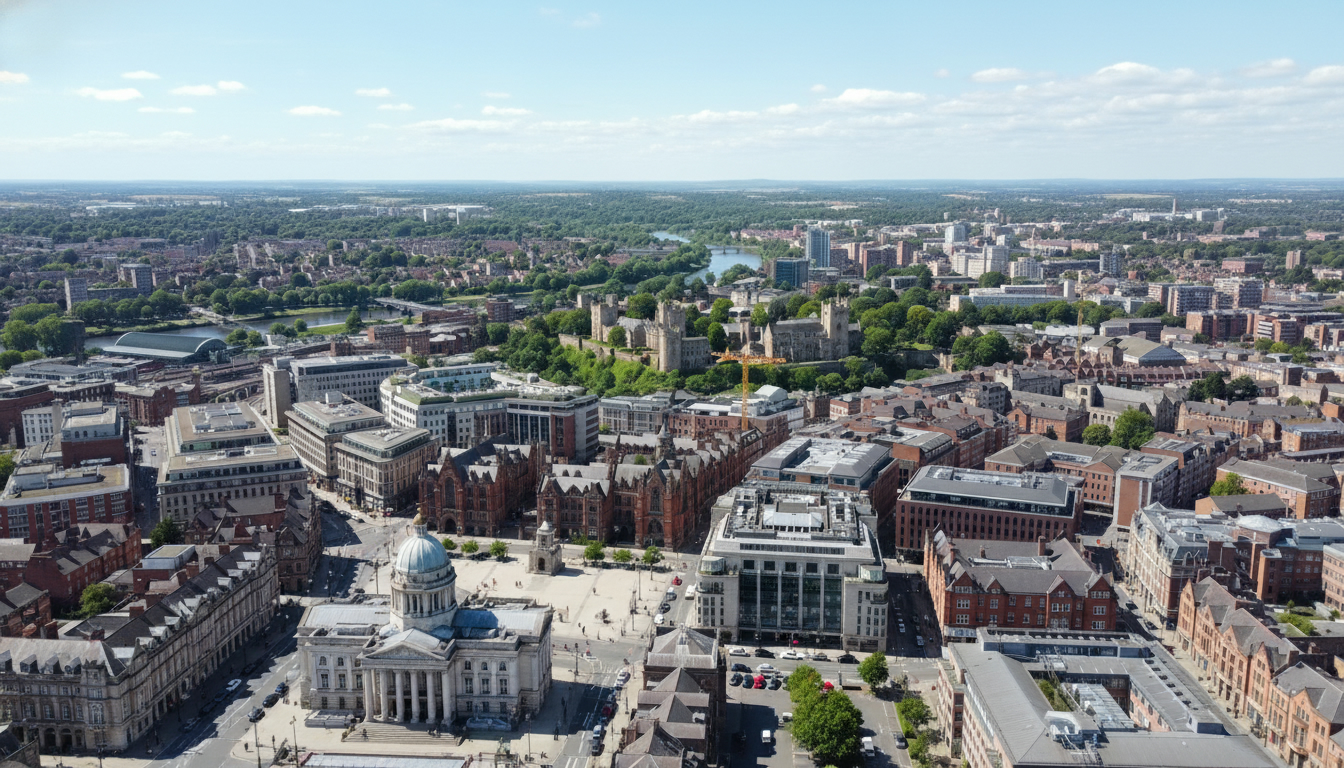 Nottingham, UK - aerial view showing the town center and local architecture