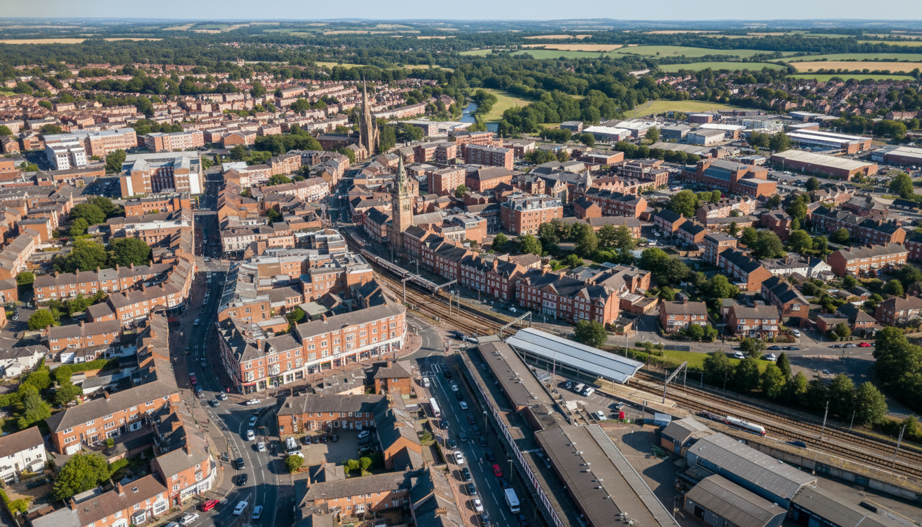 Nuneaton, UK - aerial view showing the town center and local architecture