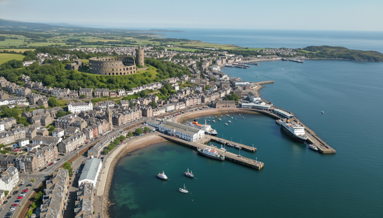 Oban, UK - aerial view showing the town center and local architecture