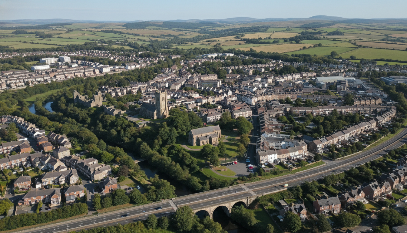 Okehampton, UK - aerial view showing the town center and local architecture