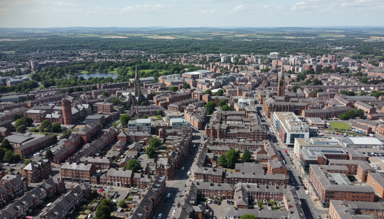 Oldham, UK - aerial view showing the town center and local architecture