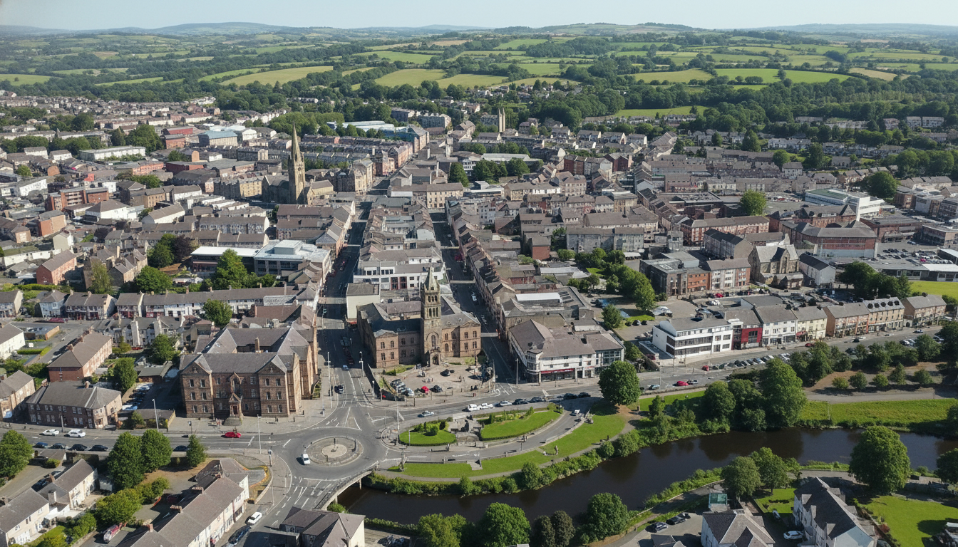 Omagh, UK - aerial view showing the town center and local architecture