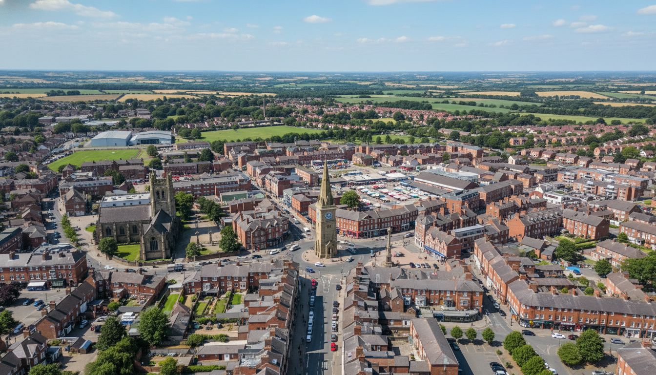 Ormskirk, UK - aerial view showing the town center and local architecture