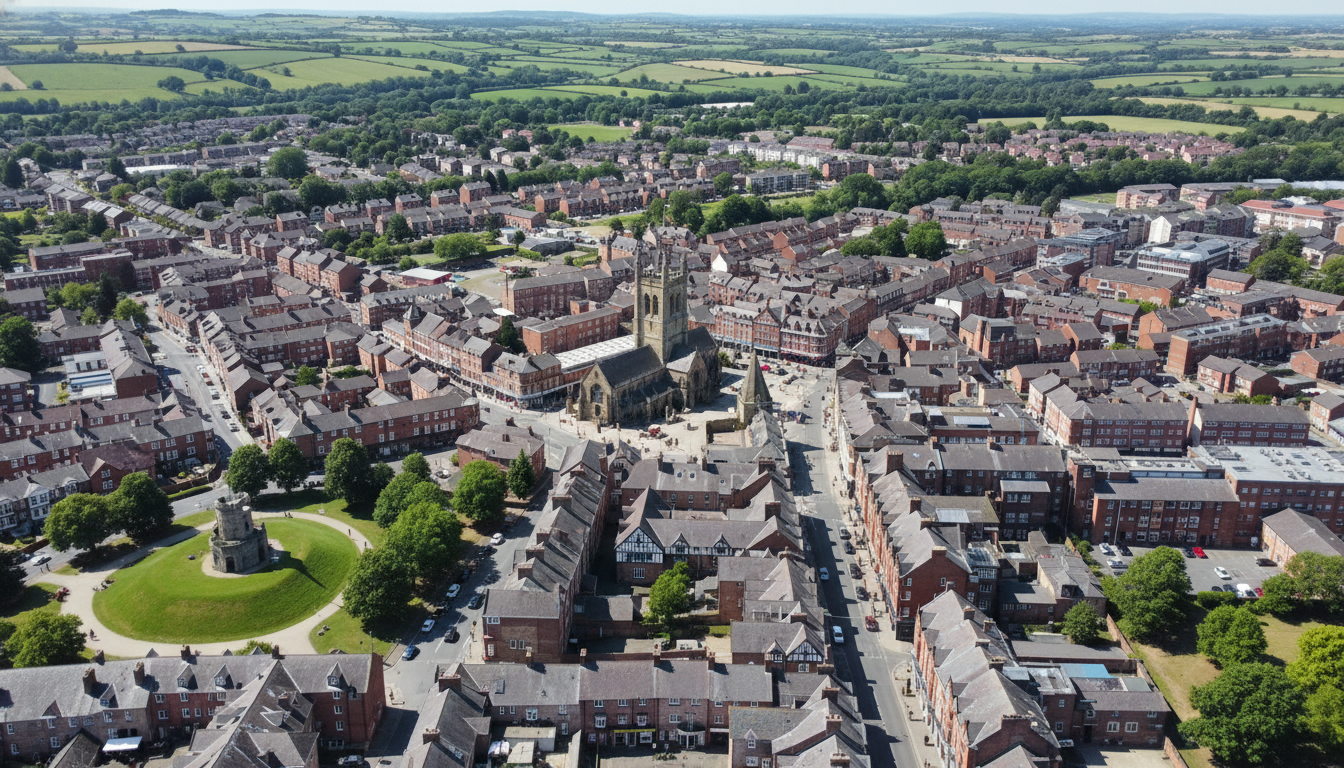 Oswestry, UK - aerial view showing the town center and local architecture