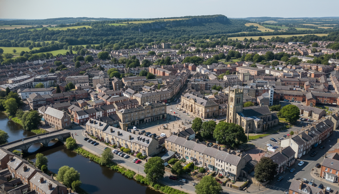 Otley, UK - aerial view showing the town center and local architecture